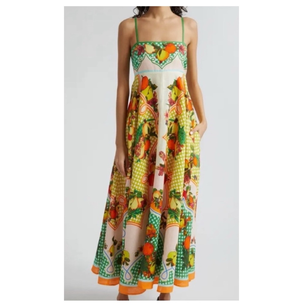Caroline Constas Fruit Pear Grapes Orange Green Yellow Maxi Dress XS NWT